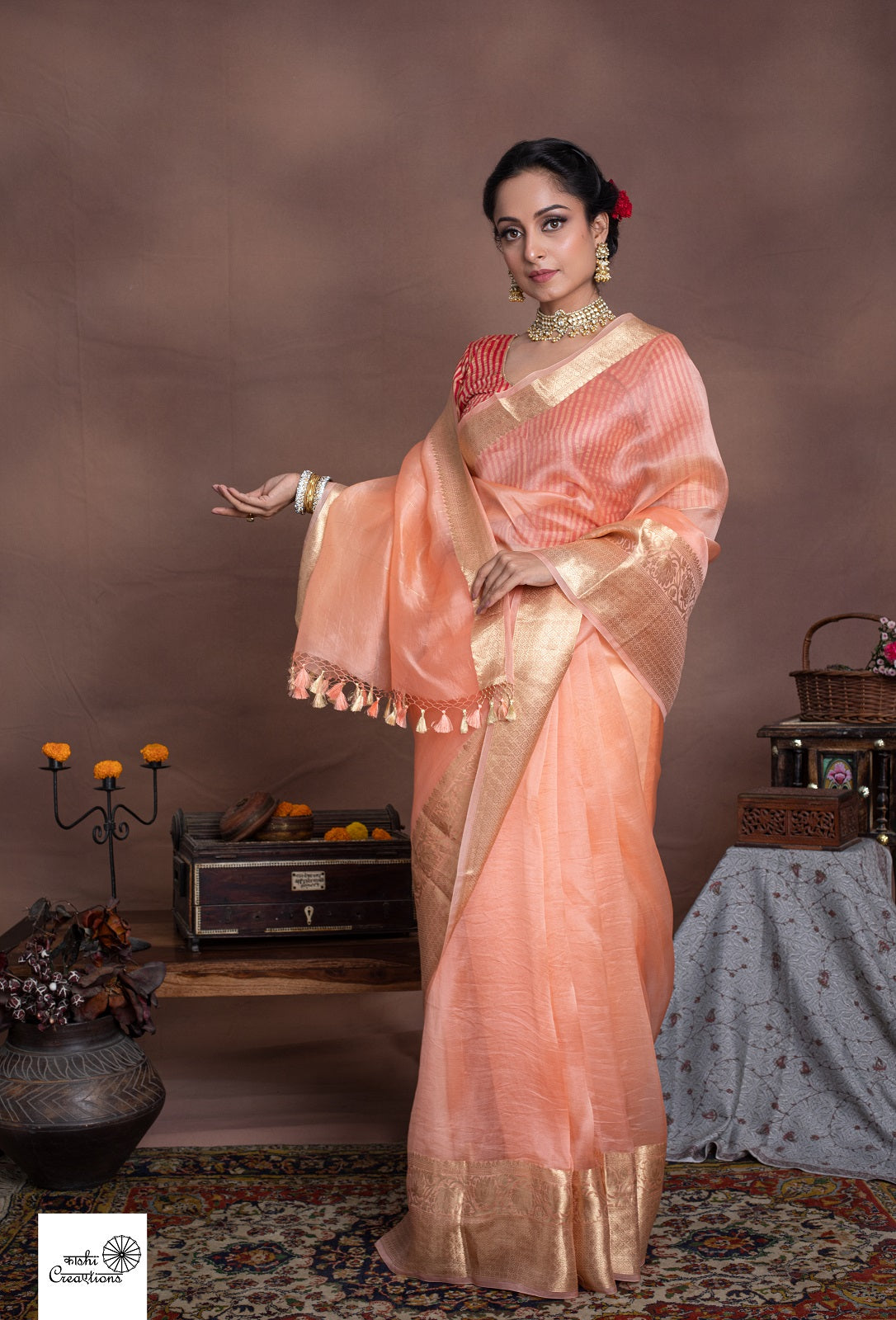 Peach Pure Kora Silk Handloom Banarasi Sarees