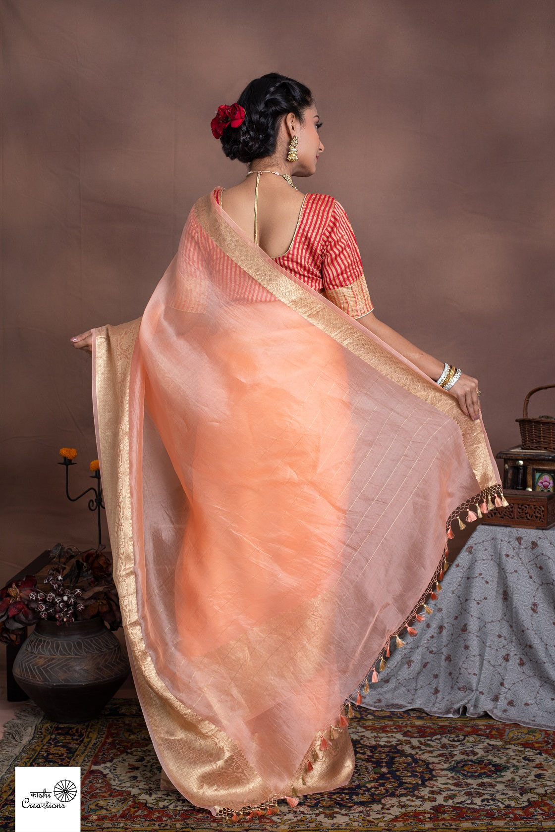 Peach Pure Kora Silk Handloom Banarasi Sarees