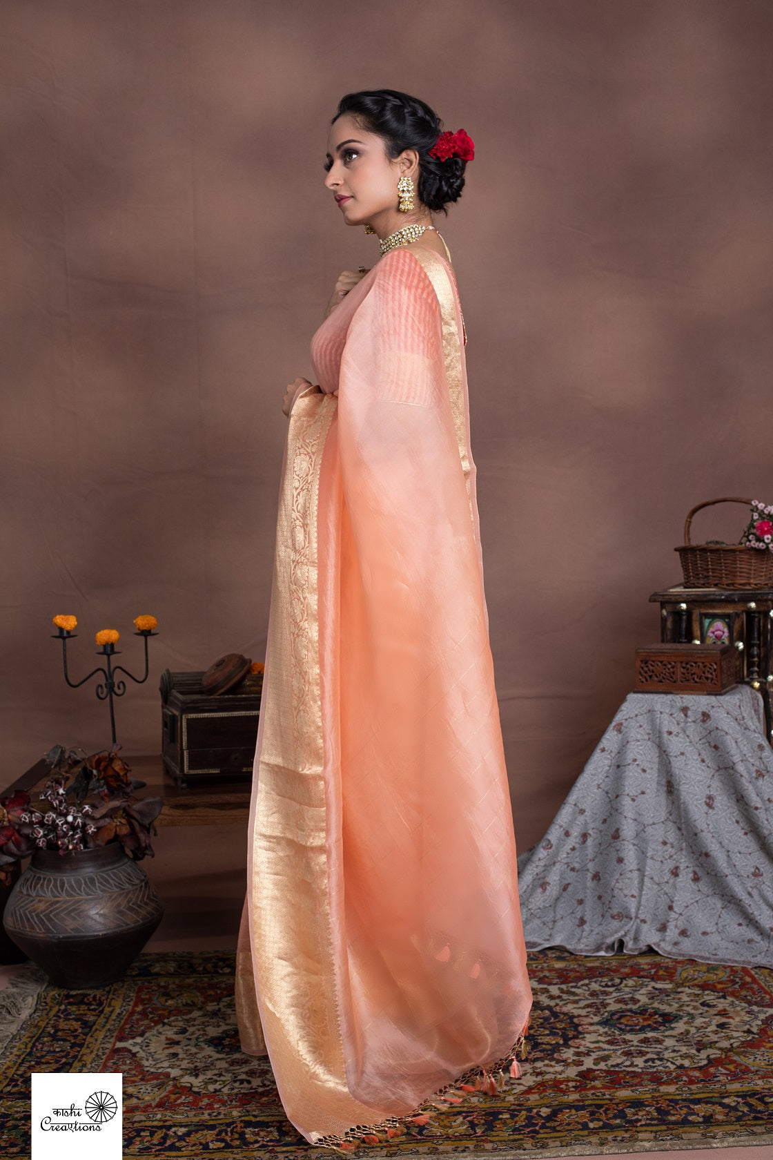 Peach Pure Kora Silk Handloom Banarasi Sarees