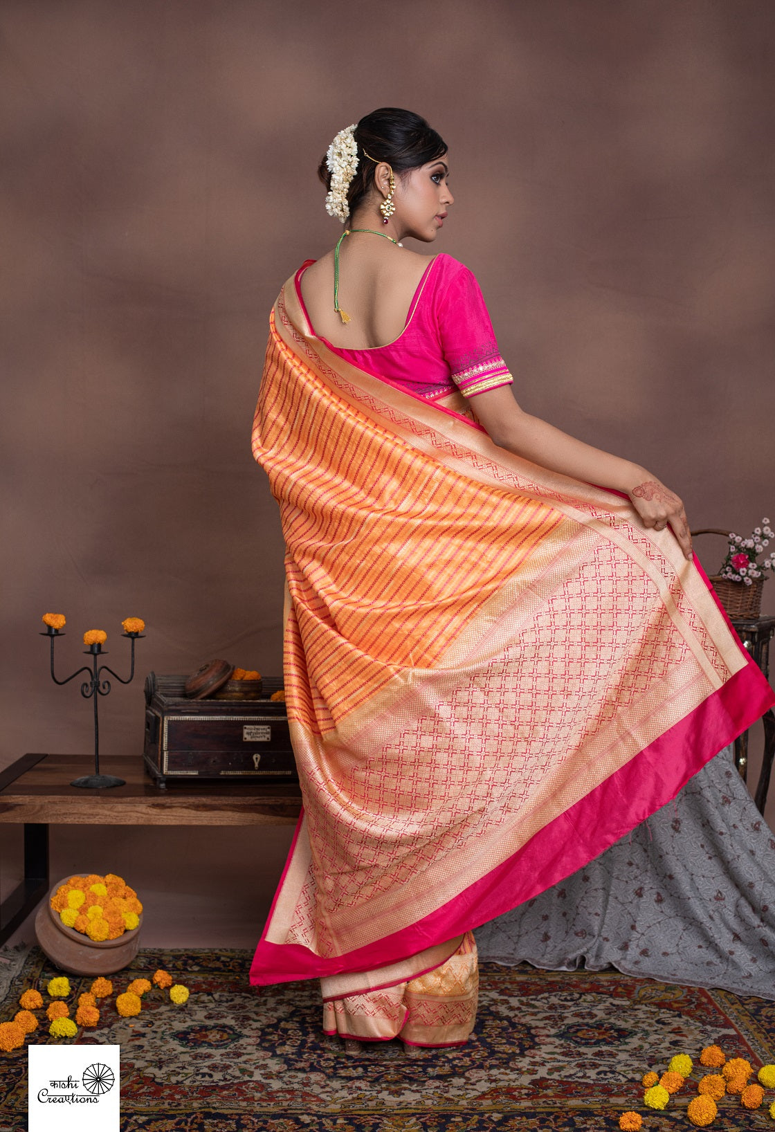 Orange Pink Pure Katan Silk Handloom Saree