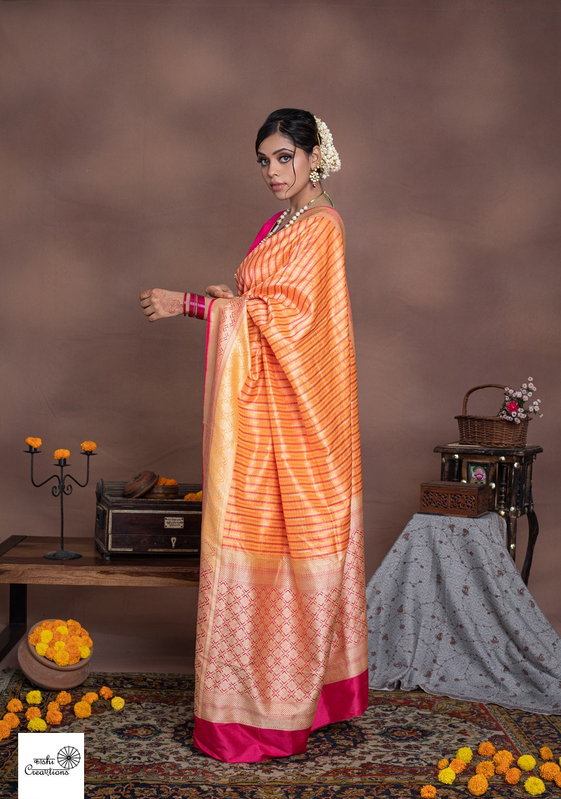 Orange Pink Pure Katan Silk Handloom Saree