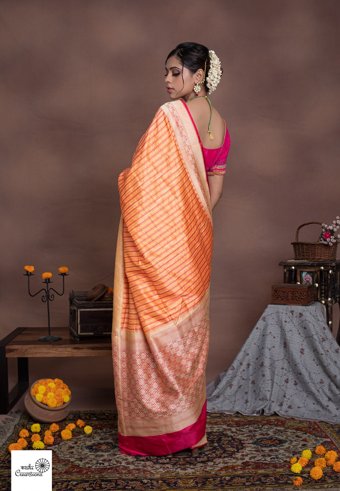 Orange Pink Pure Katan Silk Handloom Saree