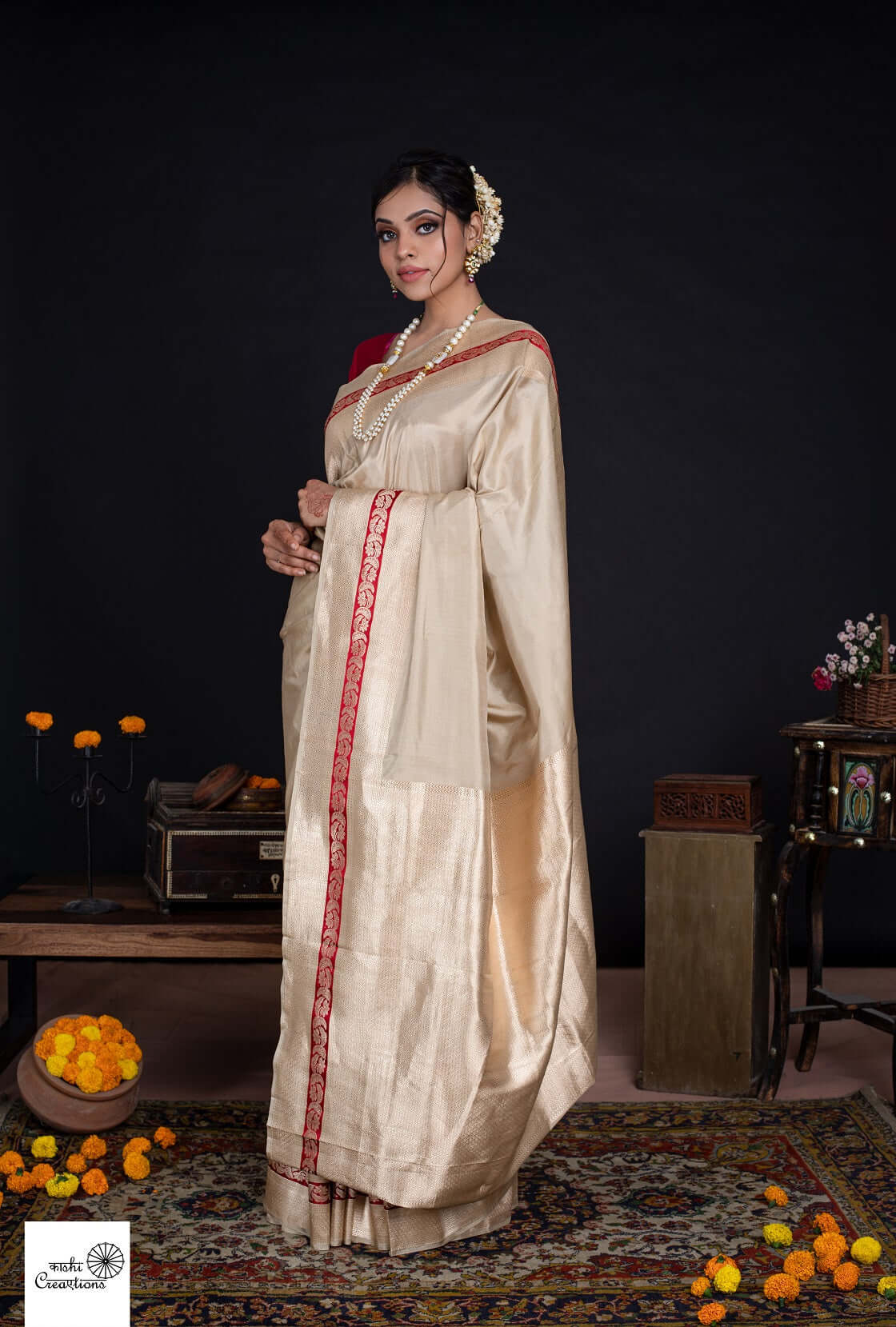 Beige Golden Pure katan silk handwoven banarasi saree