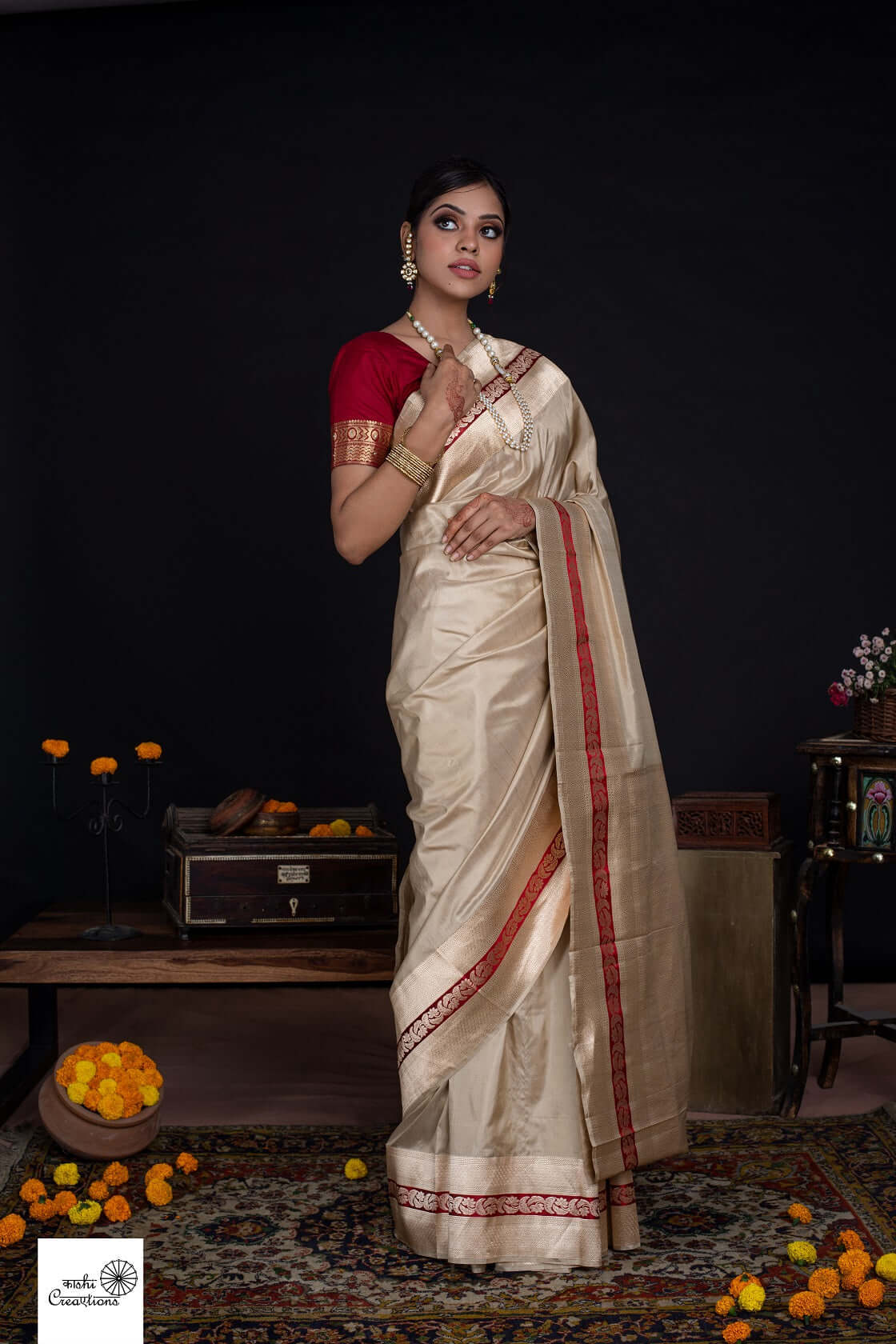 Beige Golden Pure katan silk handwoven banarasi saree