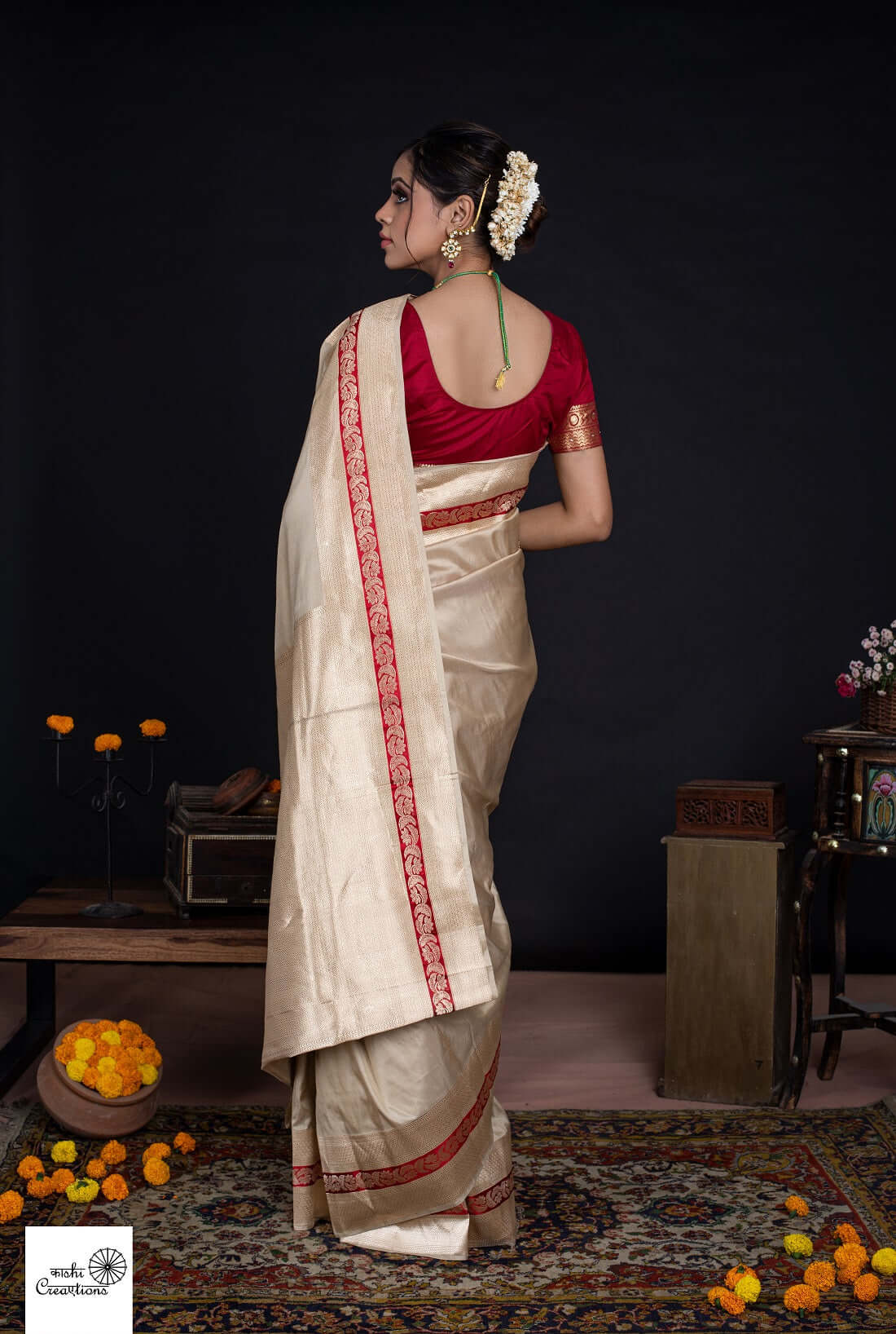 Beige Golden Pure katan silk handwoven banarasi saree