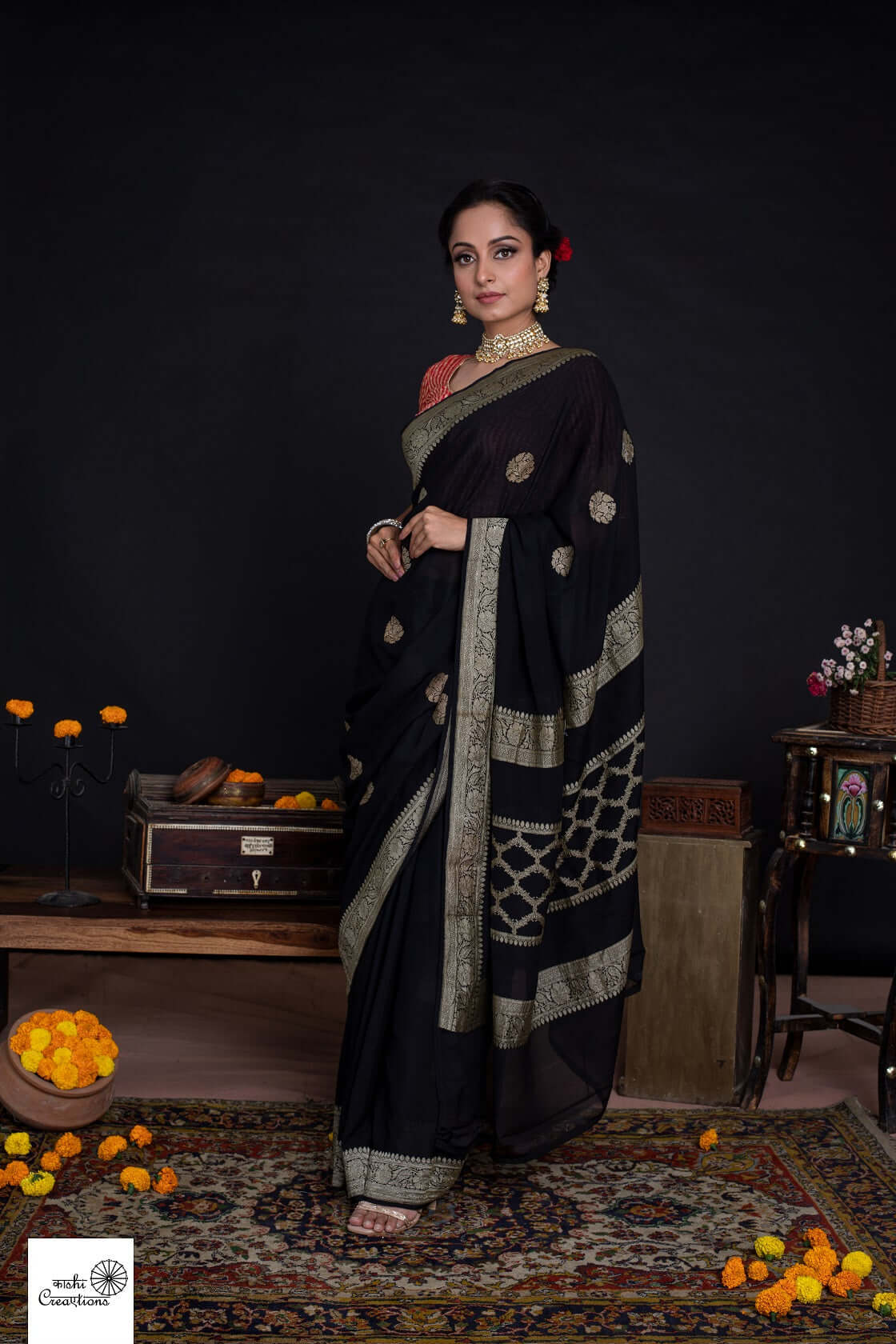 Black Pure Khaddi Georgette khadwa Handloom Banarasi Saree