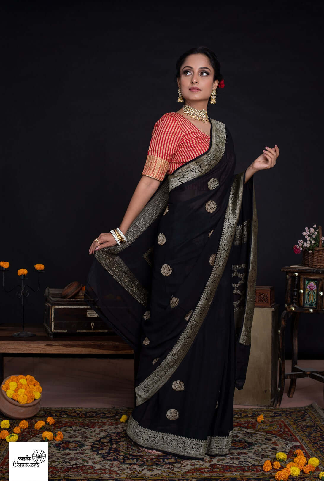 Black Pure Khaddi Georgette khadwa Handloom Banarasi Saree