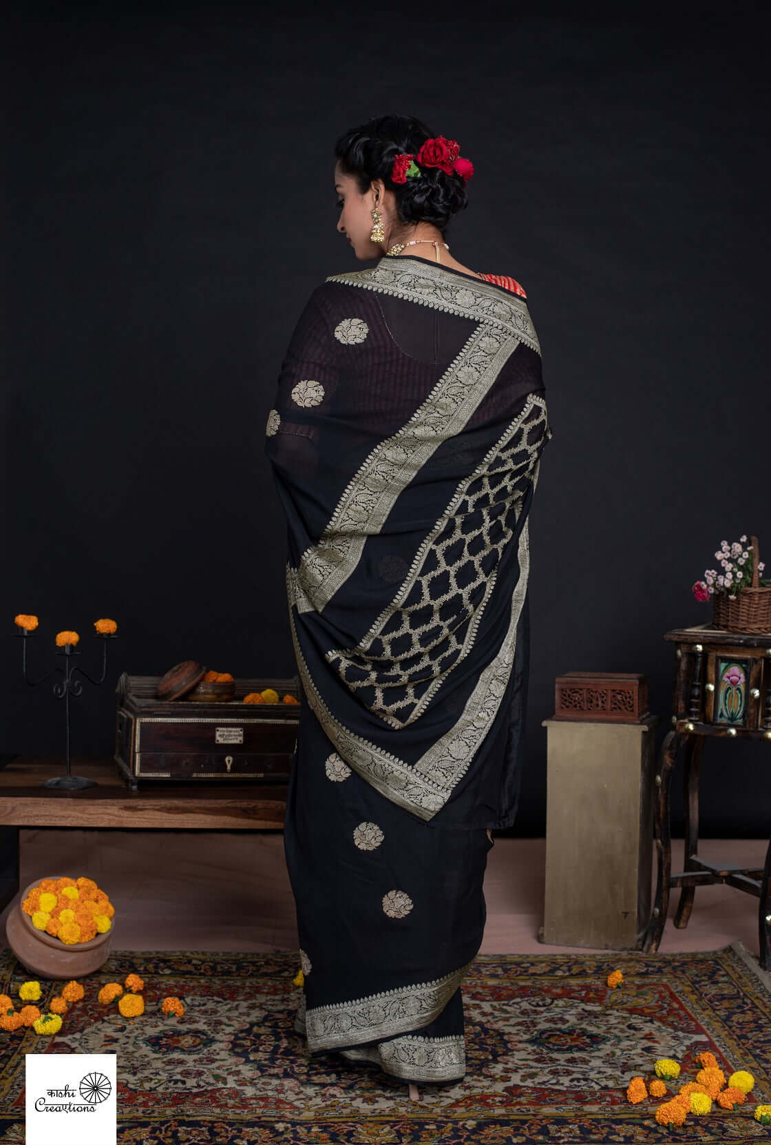 Black Pure Khaddi Georgette khadwa Handloom Banarasi Saree