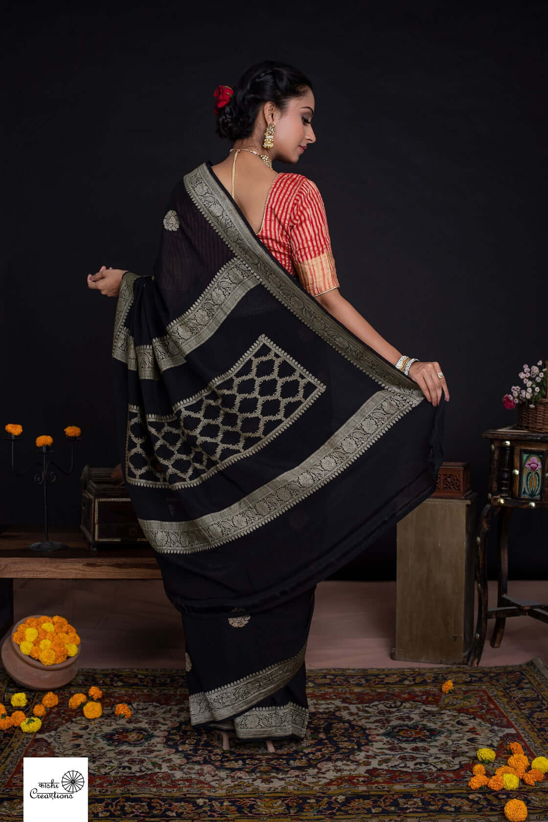 Black Pure Khaddi Georgette khadwa Handloom Banarasi Saree