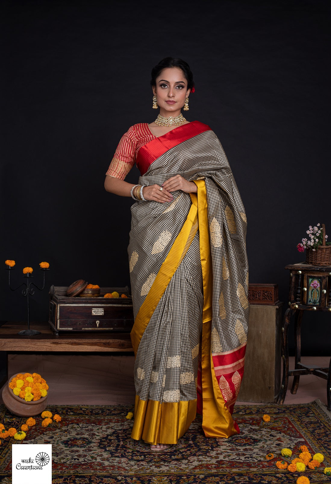 Pure Katan Silk Checks Handloom Banarasi Saree