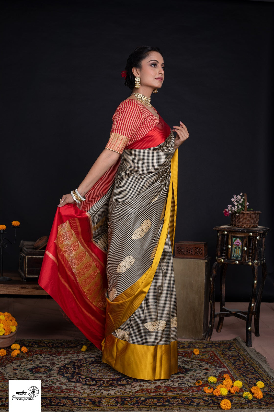 Pure Katan Silk Checks Handloom Banarasi Saree