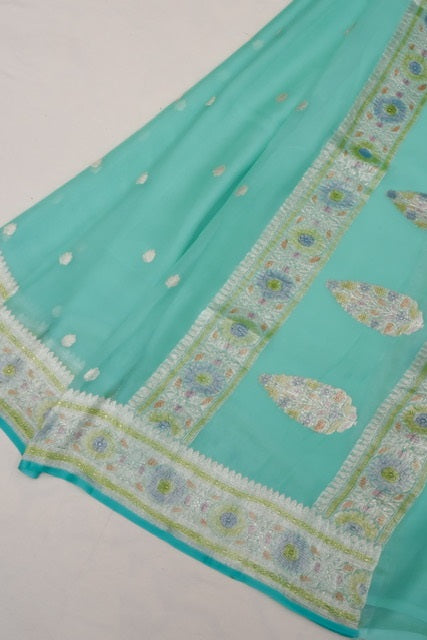 Sea Green Border Buti Chiffon Georgette Handloom Saree
