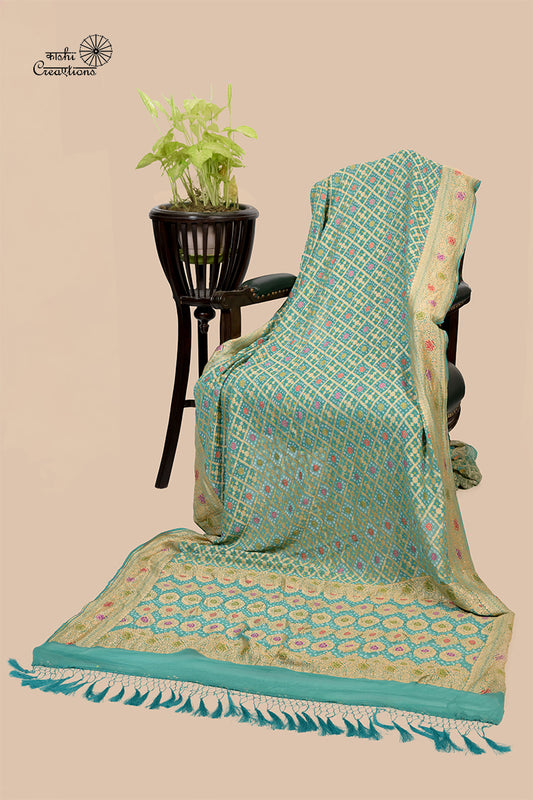 Aqua Blue Pure Khaddi Georgette Banarasi Bandhej Saree with Meenakari