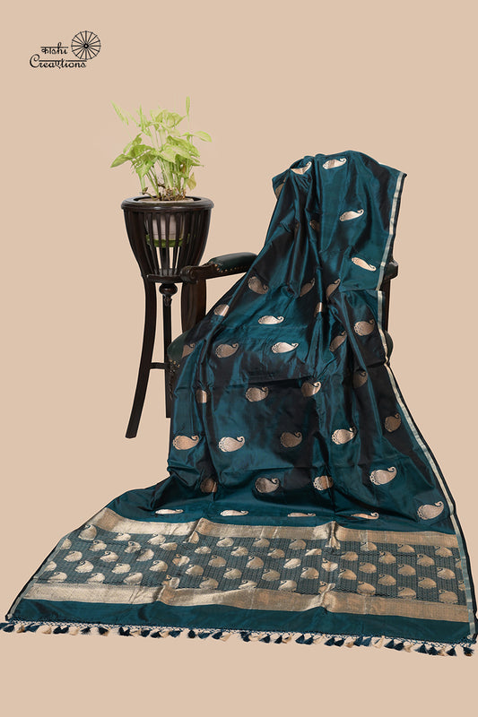 Teal Blue Pure Satan Silk Handwoven Banarasi Saree