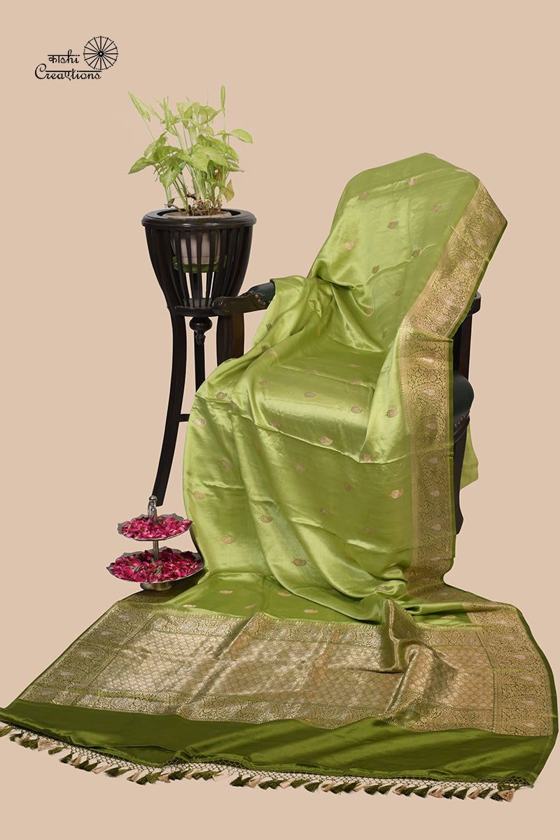 Parrot Green Pure Mashru Silk Handwoven Banarasi Saree