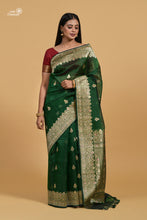 Load image into Gallery viewer, Forest Green Pure Kora Silk Handloom Banarasi Saree with Meenakari

