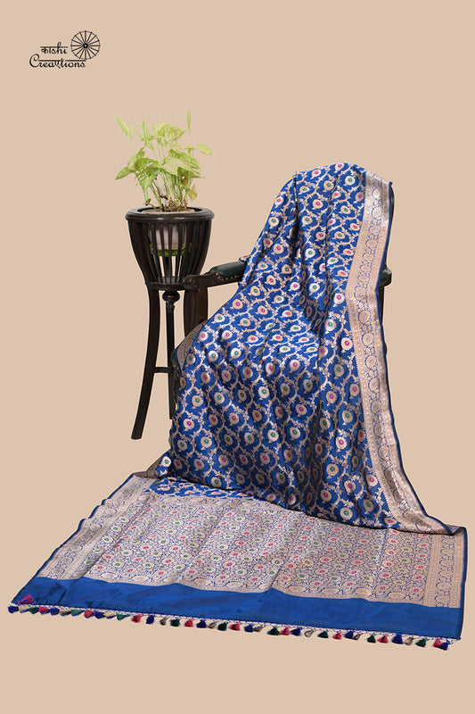 Midnight Blue Pure Katan Silk Jungla Handloom Saree