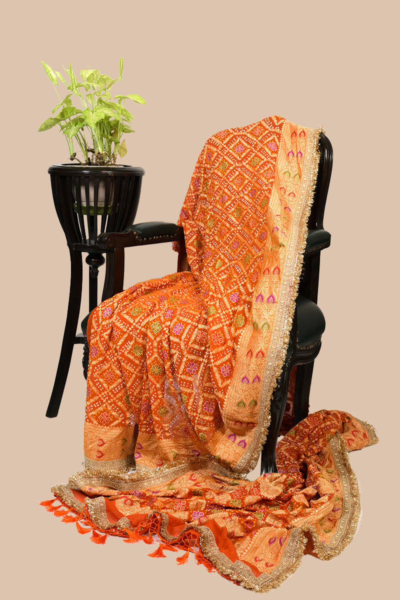 Burnt Orange Pure Khaddi Georgette Banarasi Bandhej Saree with Meenakari