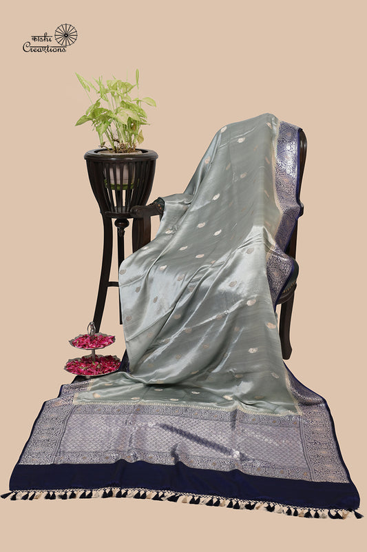 Grey Blue Pure Mashru Silk Handwoven Banarasi Saree