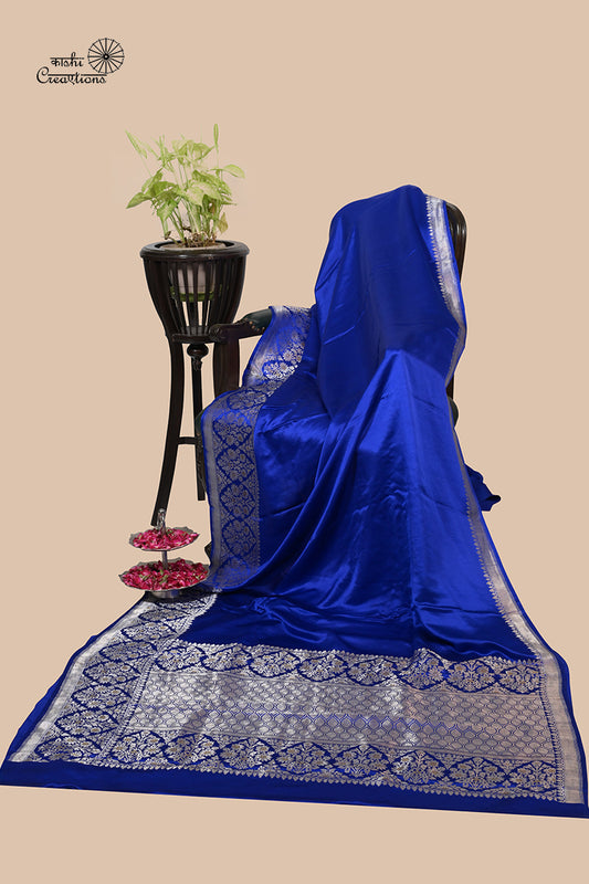 Royal Blue Pure Satan Silk Handwoven Banarasi Saree