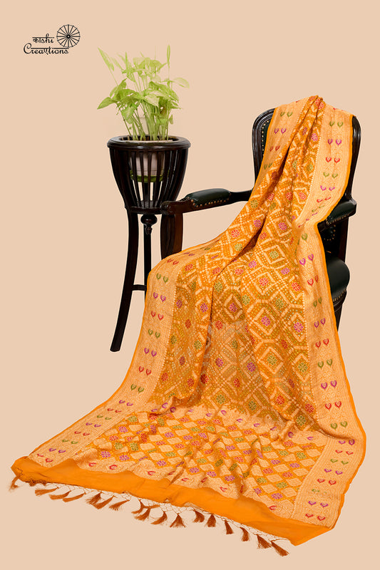 Yellow Pure Khaddi Georgette Banarasi Bandhej Saree with Meenakari