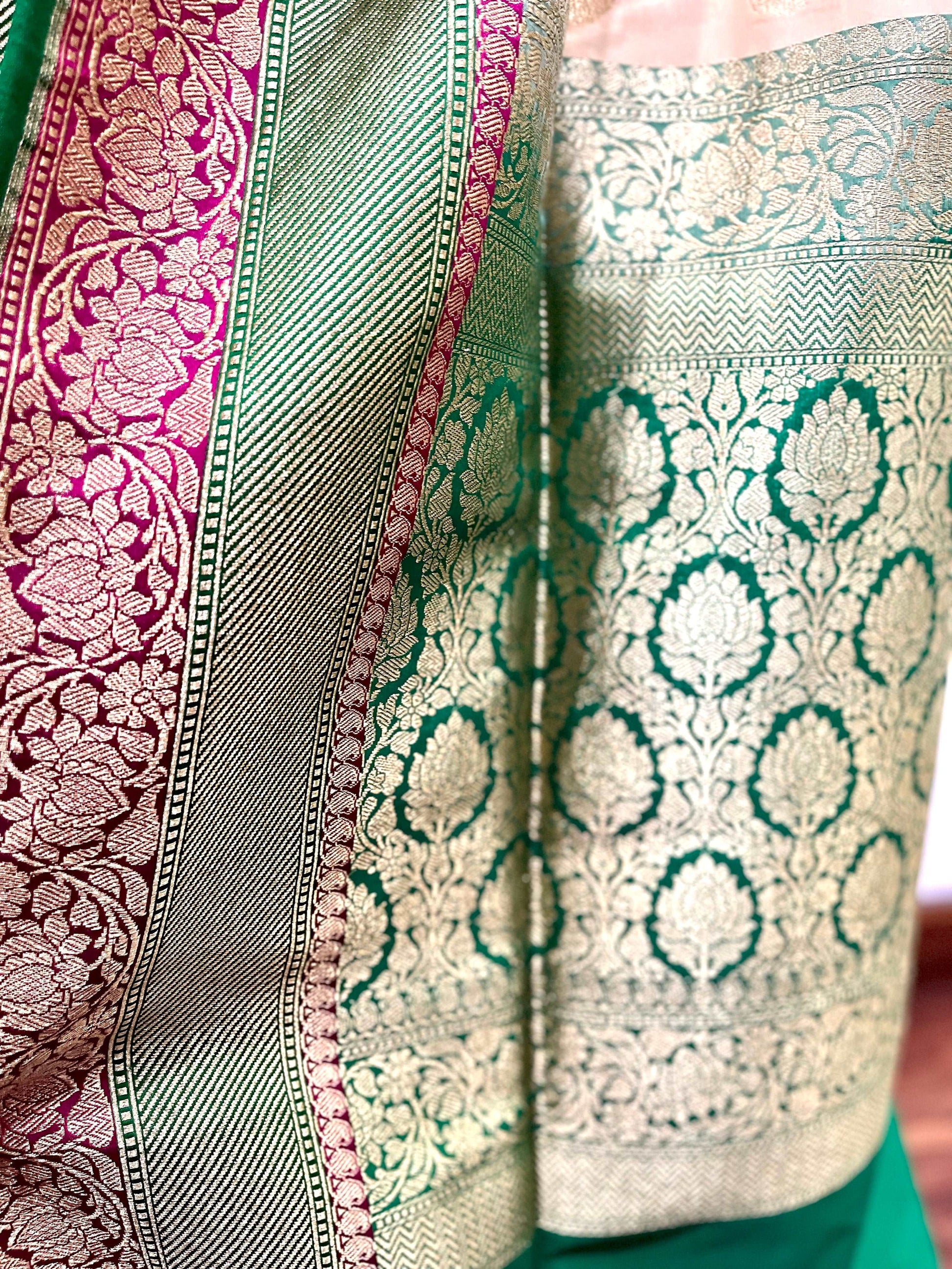 Cream and Green Pure Silk Handloom Banarasi Saree