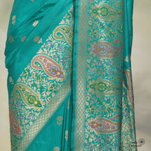 Load image into Gallery viewer, Vintage Aquamarine Pure Katan Silk Handloom Banarasi Paithani Saree with Meenakari
