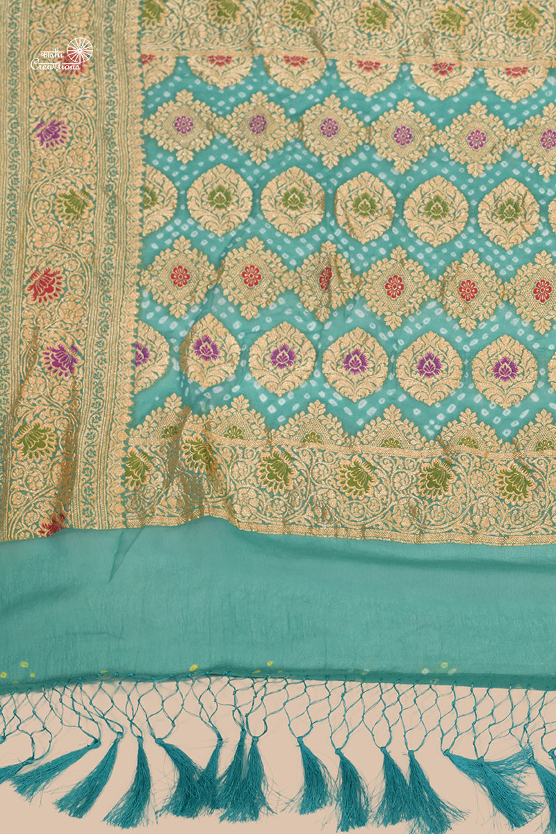 Aqua Blue Pure Khaddi Georgette Banarasi Bandhej Saree with Meenakari