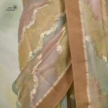 Load image into Gallery viewer, Shades of Light Brown, Powder Blue and Pink Lehariya Rangkat Pure Kora Silk Handloom Banarasi Saree
