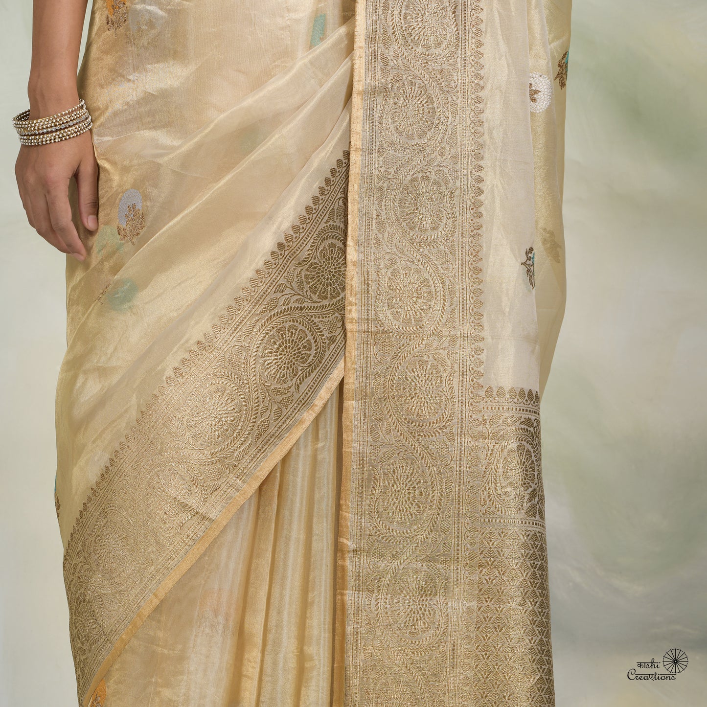 Off White Pure Kora Tissue Handloom Saree with Meenakari