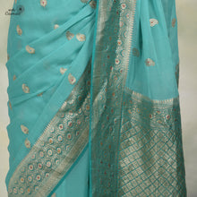 Load image into Gallery viewer, Aqua Blue shaded Chiffon Georgette Silk Handloom Banarasi Saree with Meenakari
