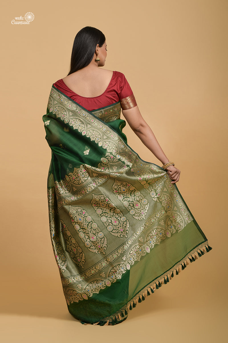 Forest Green Pure Kora Silk Handloom Banarasi Saree with Meenakari