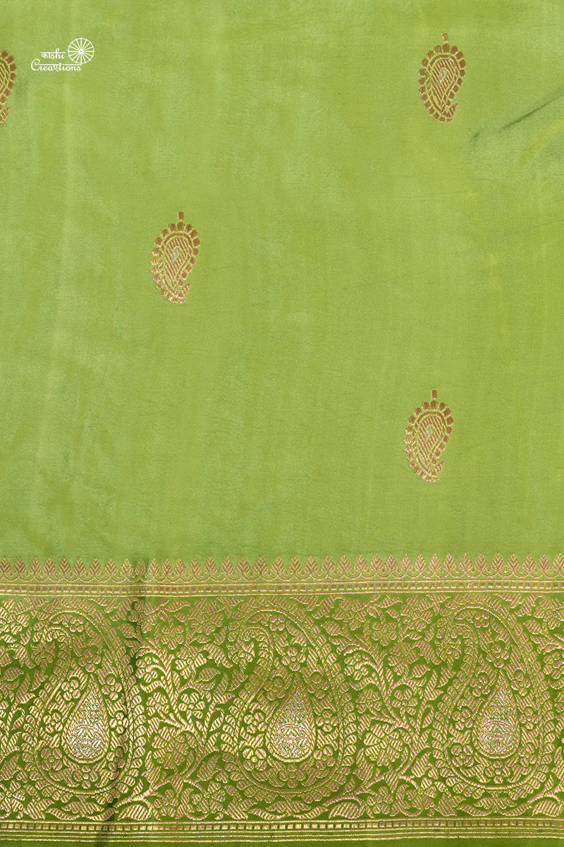 Parrot Green Pure Mashru Silk Handwoven Banarasi Saree