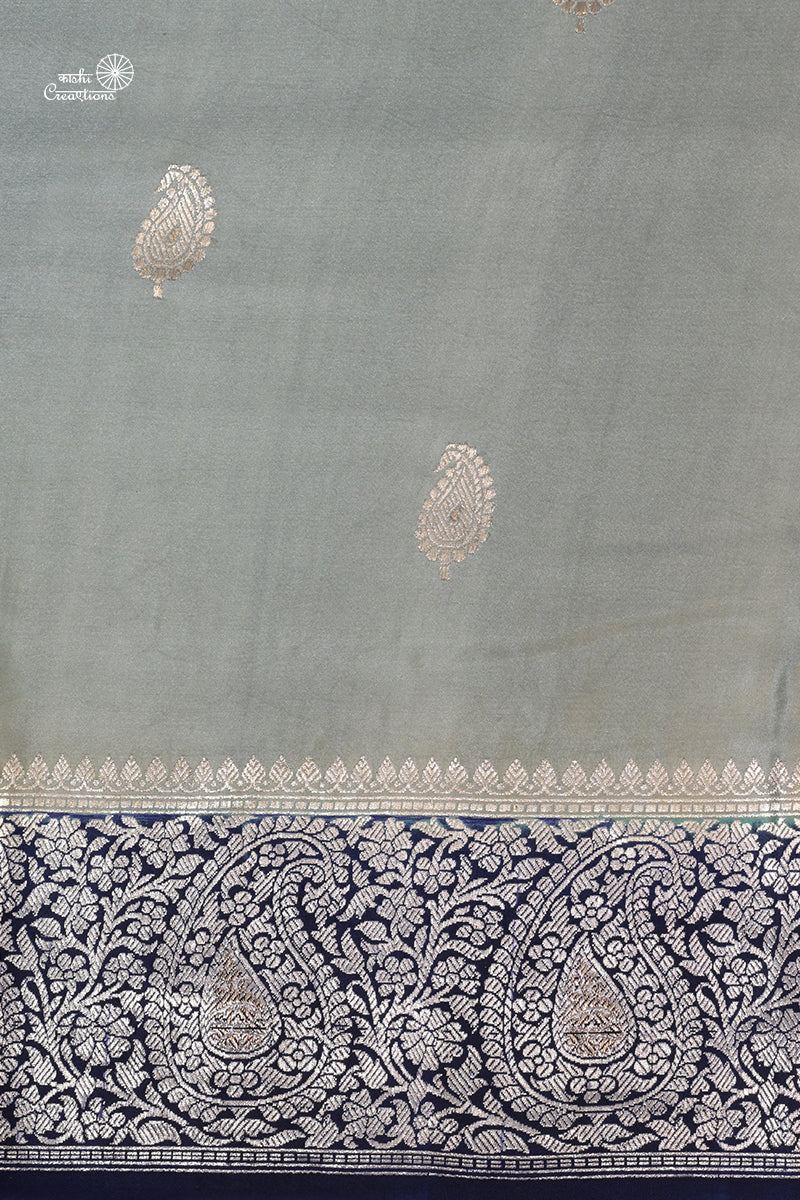 Grey Blue Pure Mashru Silk Handwoven Banarasi Saree