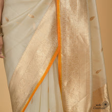 Load image into Gallery viewer, Off White and Mustard Yellow Shaded Pure Kora Silk Handwoven Banarasi Saree
