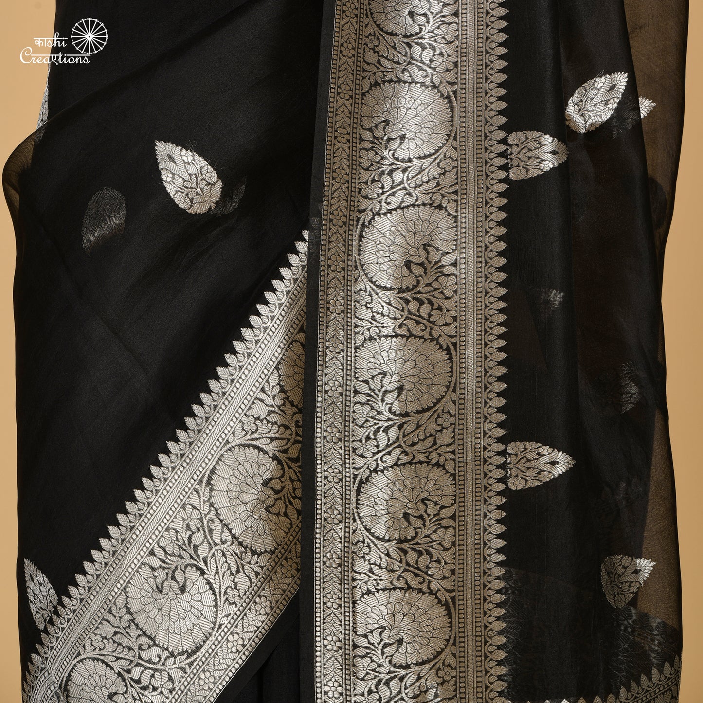 Black Pure Kora Silk Handloom Banarasi Saree in Silver Zari