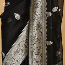 Load image into Gallery viewer, Black Pure Kora Silk Handloom Banarasi Saree in Silver Zari
