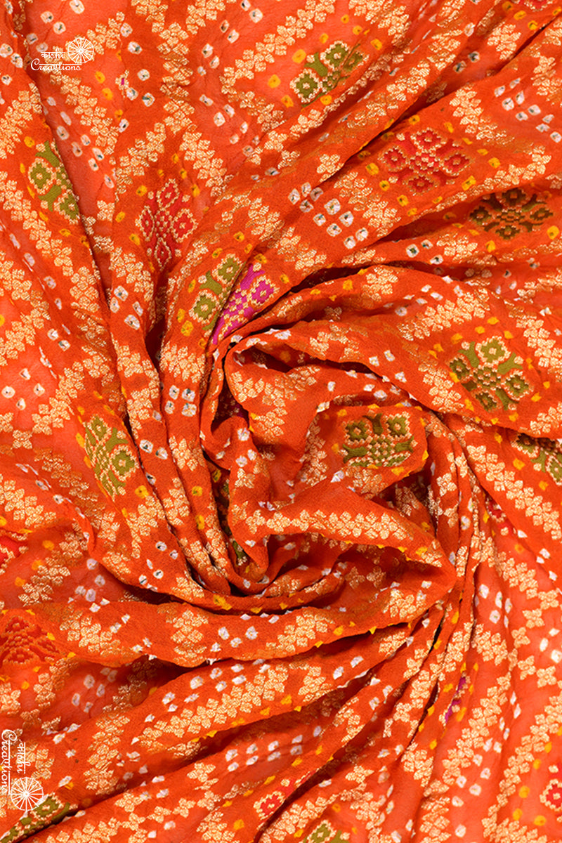 Burnt Orange Pure Khaddi Georgette Banarasi Bandhej Saree with Meenakari