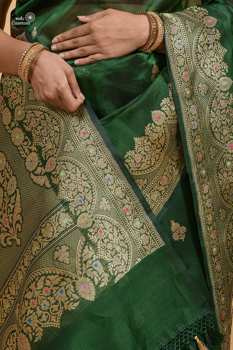 Forest Green Pure Kora Silk Handloom Banarasi Saree with Meenakari