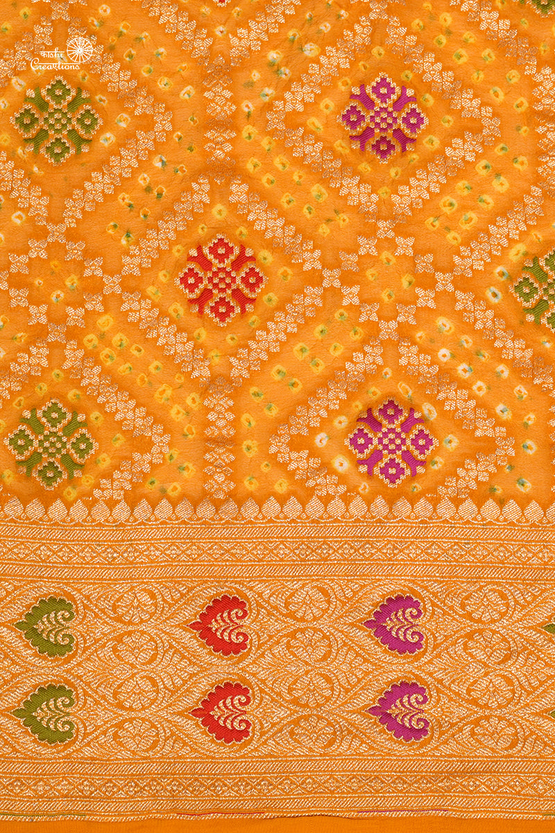 Yellow Pure Khaddi Georgette Banarasi Bandhej Saree with Meenakari