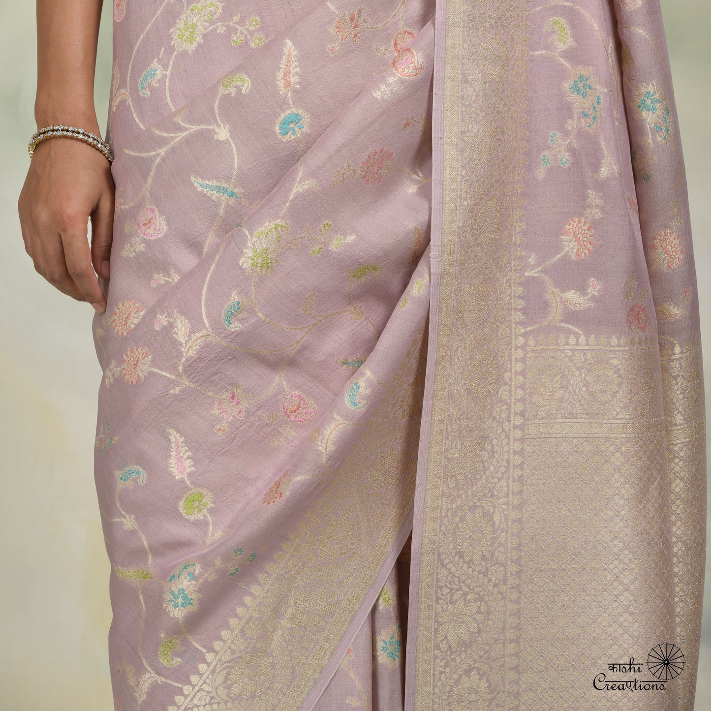 Lavender Pure Tussar Georgette Jungla Handloom Banarasi Saree with Meenakari