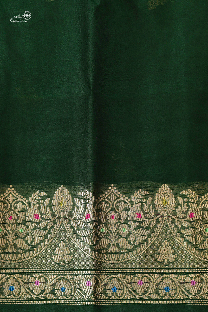 Forest Green Pure Kora Silk Handloom Banarasi Saree with Meenakari