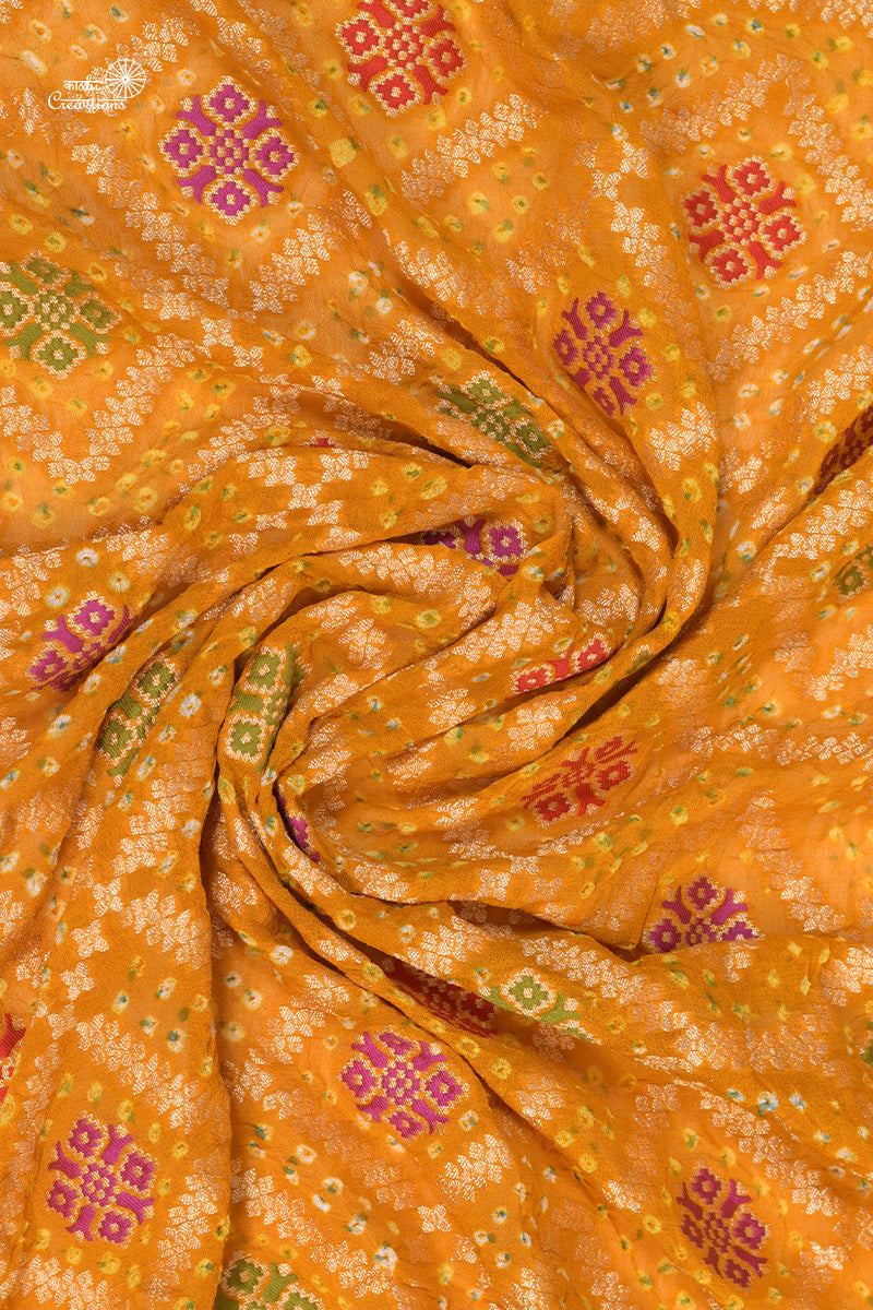 Yellow Pure Khaddi Georgette Banarasi Bandhej Saree with Meenakari