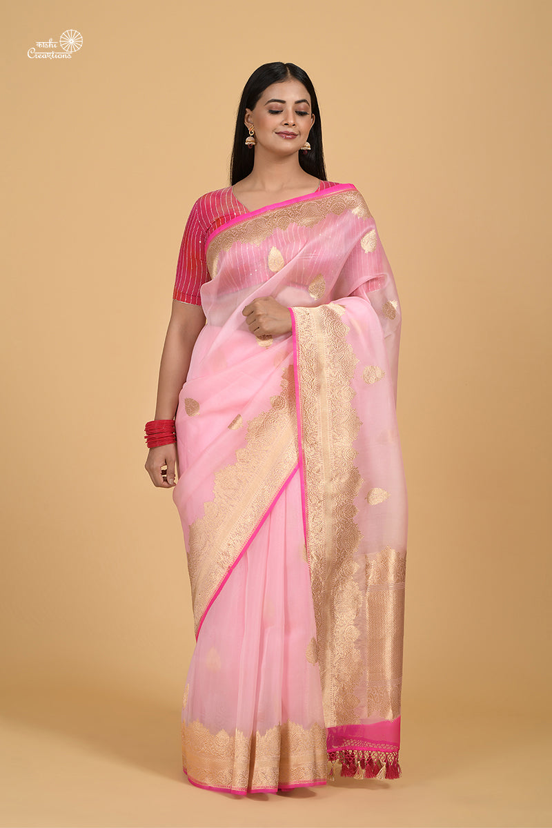 Powder Pink and hot Pink Shaded Pure Kora Silk Handloom Banarasi Saree