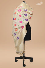 Load image into Gallery viewer, Ivory Pure Munga Silk Handloom Banarasi Dupatta with Meenakari
