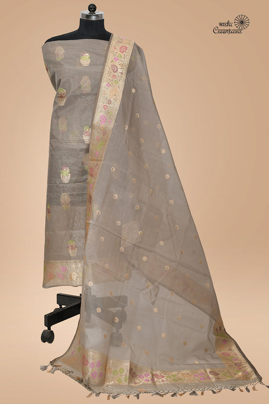 Koala Grey Pure Kora Silk Handloom Banarasi Suit Set with Paithani Border and Meenakari