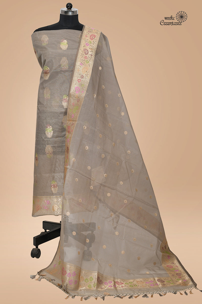 Koala Grey Pure Kora Silk Handloom Banarasi Suit Set with Paithani Border and Meenakari