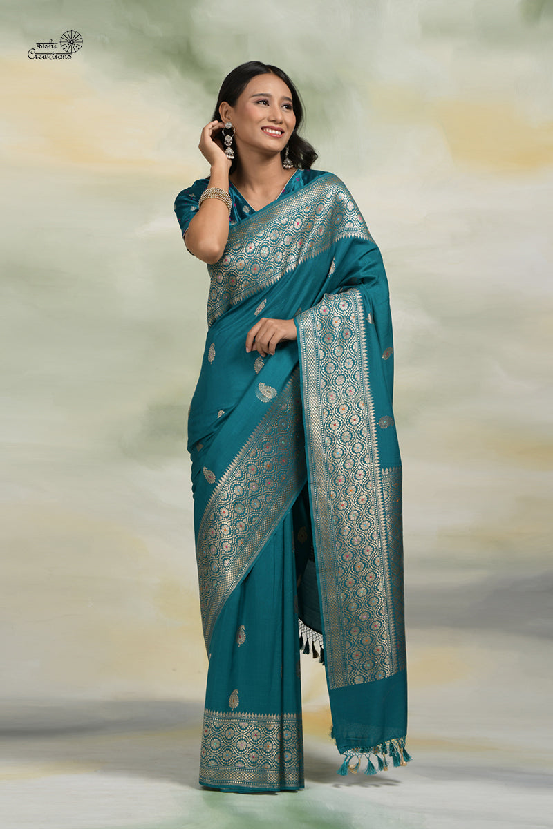 Teal Blue Pure Katan Malmal Silk Handloom Banarasi Saree