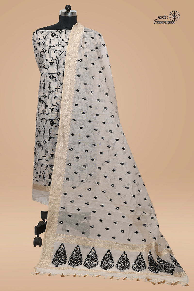 Off White and Black Pure Kora Cotton Silk Handwoven Banarasi Suit Set