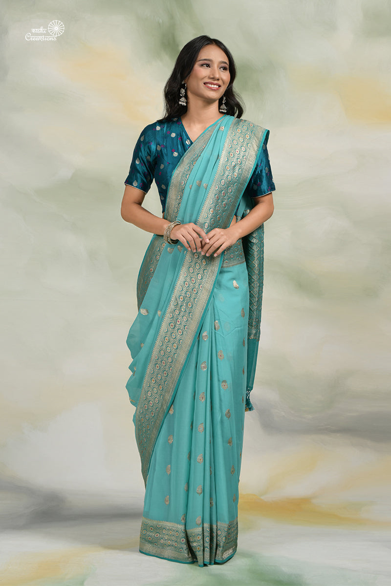 Aqua Blue shaded Chiffon Georgette Silk Handloom Banarasi Saree with Meenakari